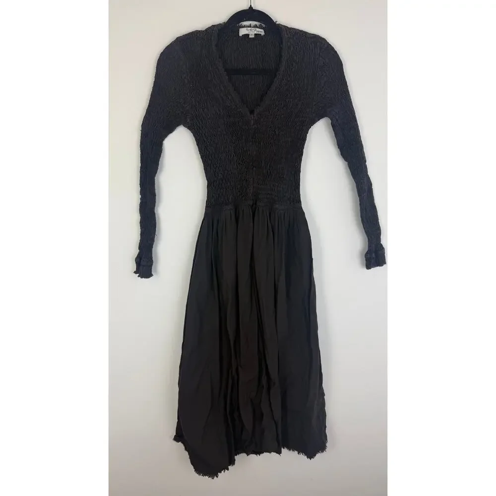 Sea New York Womens Casey Long Sleeve Raw Hem Fit & Flare Black Midi Dress 2 - Picture 2 of 11